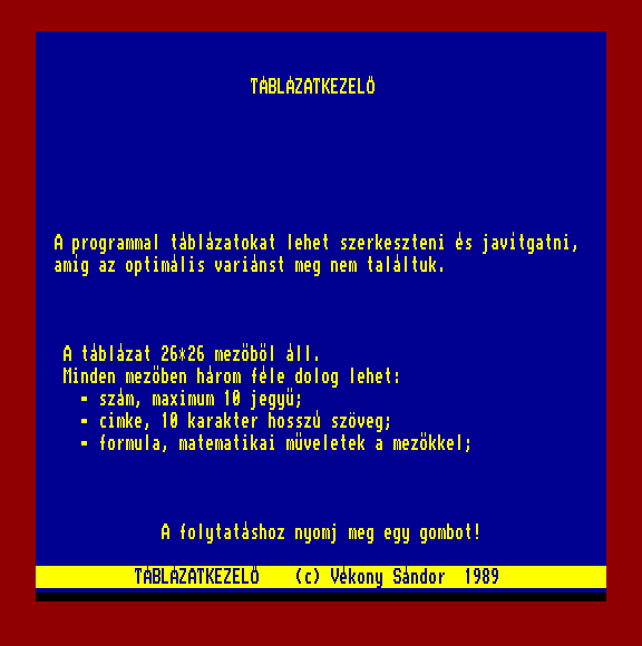 TVC123 - táblázatkezelő leírás